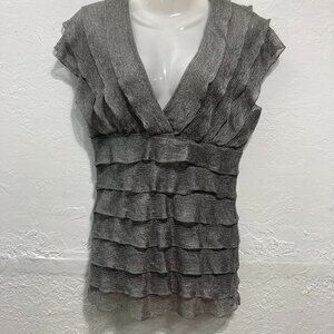 Vintage Y2K Studio M Surplice Babydoll Top Ruffle Layered Gray Coquette Sheer L